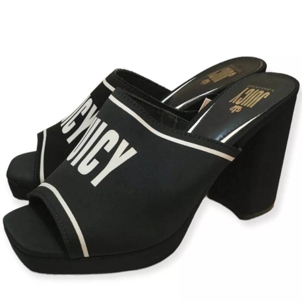 NWT Juicy Couture J-Girly Black White Logo Block Heel Mules Y2K Size 9.5